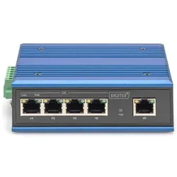 Digitus Industrieller 4-Port Gigabit PoE Switch + 1 Uplink Port (5 Ports), Netzwerk Switch, Blau, Schwarz