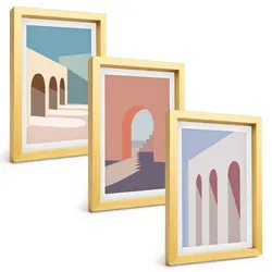 BILDER SET 3er Set - 20x30 cm Goldrahmen - Architekturgrafiken in Pastellfarben