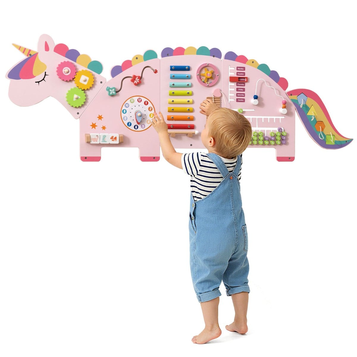 Costway Unicorn Activity Board Busy Board Montessori Houten Sensorisch Bord voor Peuters 11-in-1