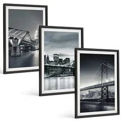 BILDER SET 3er Set - 40x60 cm Schwarzer Rahmen - Brücken, Stadtarchitektur, Grau
