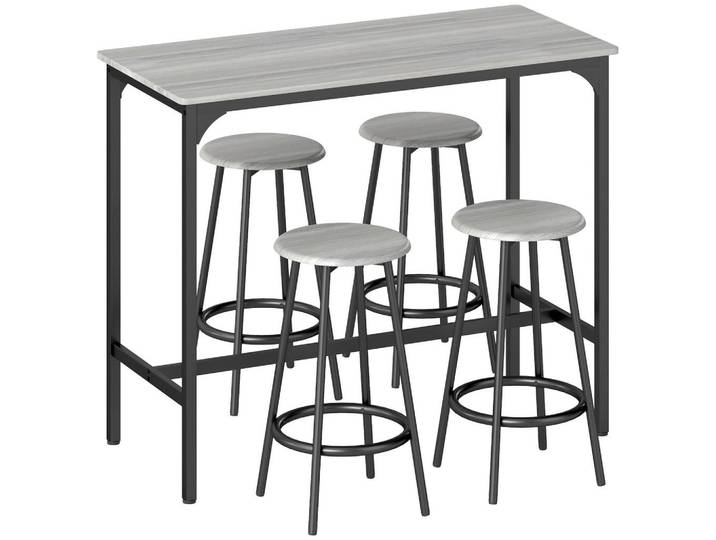 Homcom Bartisch mit Barhocker Set, 5-tlg. Bartisch-Set, Küchentisch mit 4 Barhocker, Grau, 50x89.5x110 cm, Esszimmer, Barmöbel, Barschränke & Theken