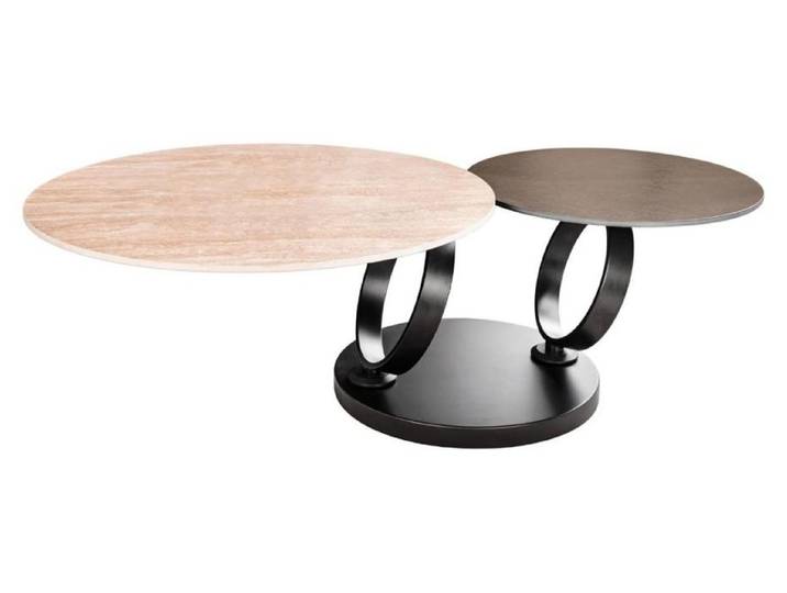 Table basse SOLYNE 133 cm avec plateaux rotatifs marron et beige effet travertin