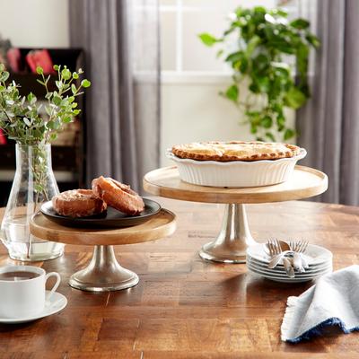 ARCILLA ELEMENTAL Brown or Dark Brown Mango Wood Decorative Cake Stand with Silver or Gold Aluminum Base (Set of 3)