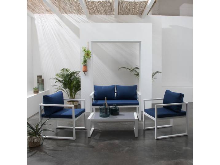 Salon de jardin IBIZA en tissu bleu 4 places - aluminium blanc
