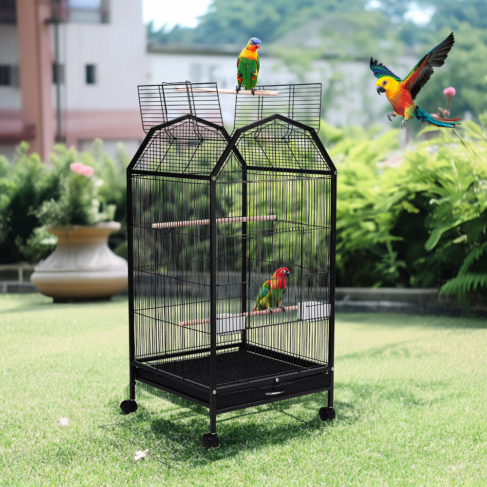 Archie & Oscar 94cm Iron Dome Top Floor Bird Cage with Wheels Black 94cm H X 47.5cm W X 47.5cm D