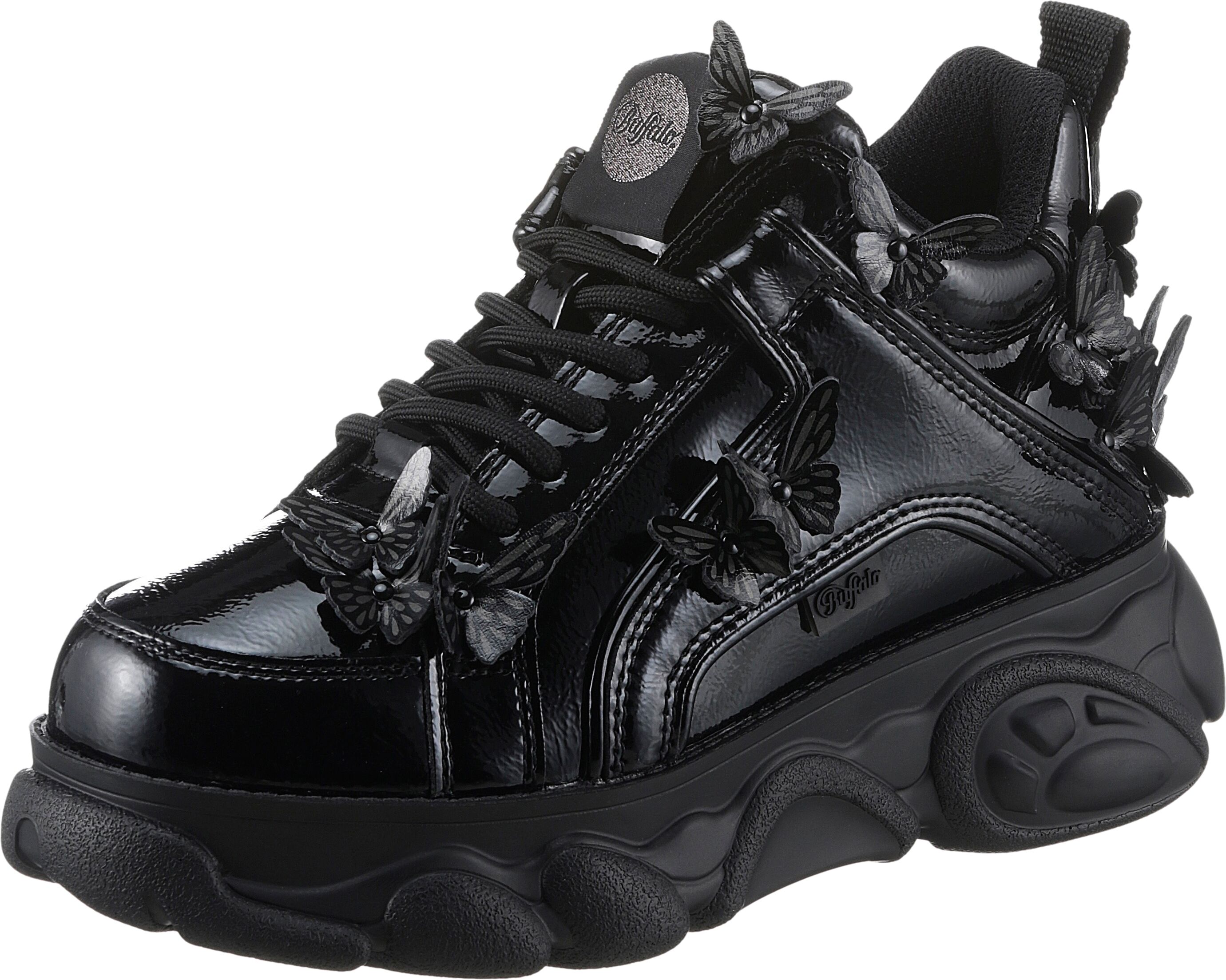 Plateausneaker BUFFALO "CORIN BUTTERFLIES", Damen, Gr. 36, schwarz, Lacklederimitat, glänzend, Schuhe Plateausneaker, Freizeitschuh, Halbschuh, Schnürschuh, Streetwear, vegan schwarz 36