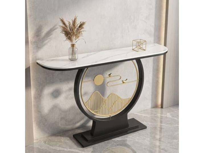 Moderner Konsolentisch, schmaler Flurtisch mit Steinplatte, Metallgestell Stabile Steinplatte, platzsparendes Design, robuster Metallrahmen, vielseitig einsetzbar(Black-A,39.4in*11.8in)