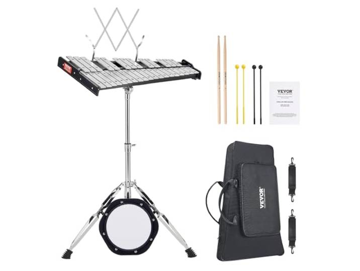 VEVOR 32 Note Glockenspiel Xylofoon Bell Kit Professionele Percussie Instrument Set met Mallets, Drum Sticks, Muziek, 8 inch oefenpad, verstelbare standaard en draagtas voor studenten en volwassenen
