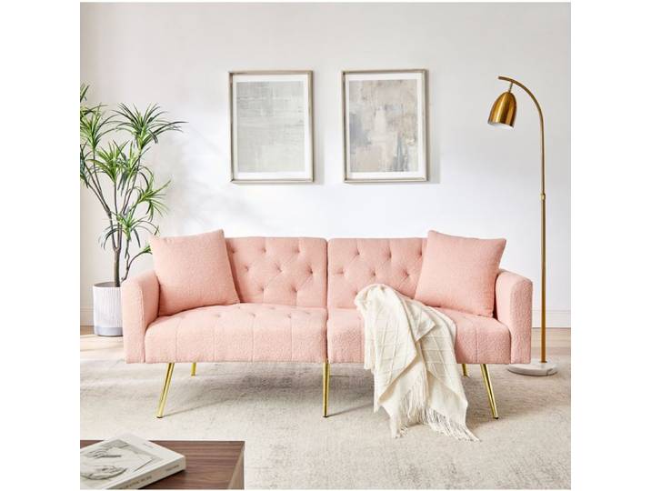 ROVRYN Canape convertible 2 places rose teddy boucle dossier reglable 3 positions 2 coussins pieds metal dores