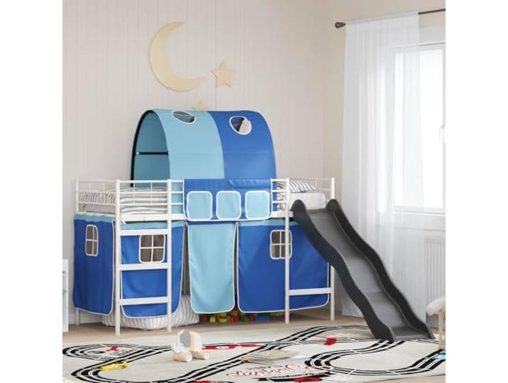 Stahl Rahmen mit Bogen Design und Vorhängen für Kinderzimmer 74 5 x 190 cm Kinder-Etagenbett Weiß und Blau 74,5 x 190 cm Metall Hochbett mit Rutsche Vorhang Stahl Rahmen Platzsparend