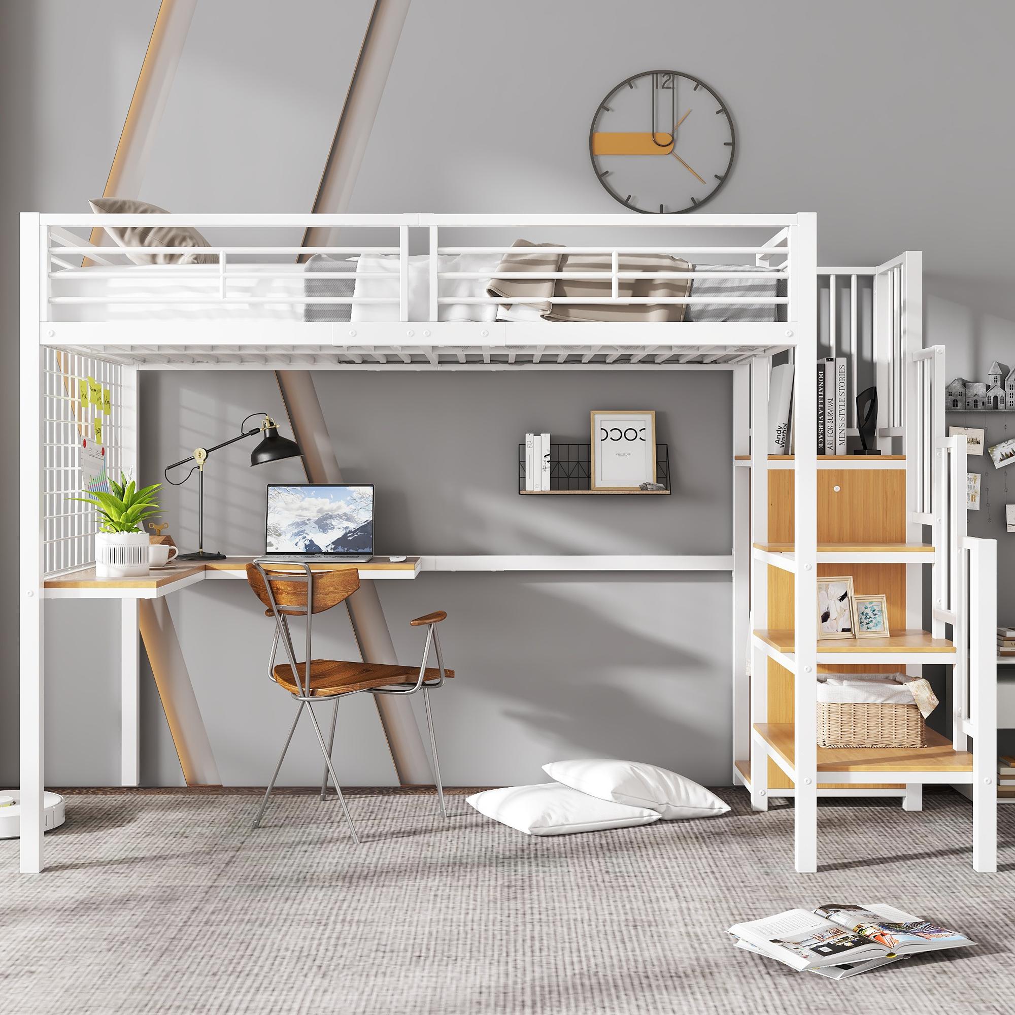 Hochbett 90x200 mit Schrank und Tisch Etagenbett aus Metall und Holz Wei? Natur