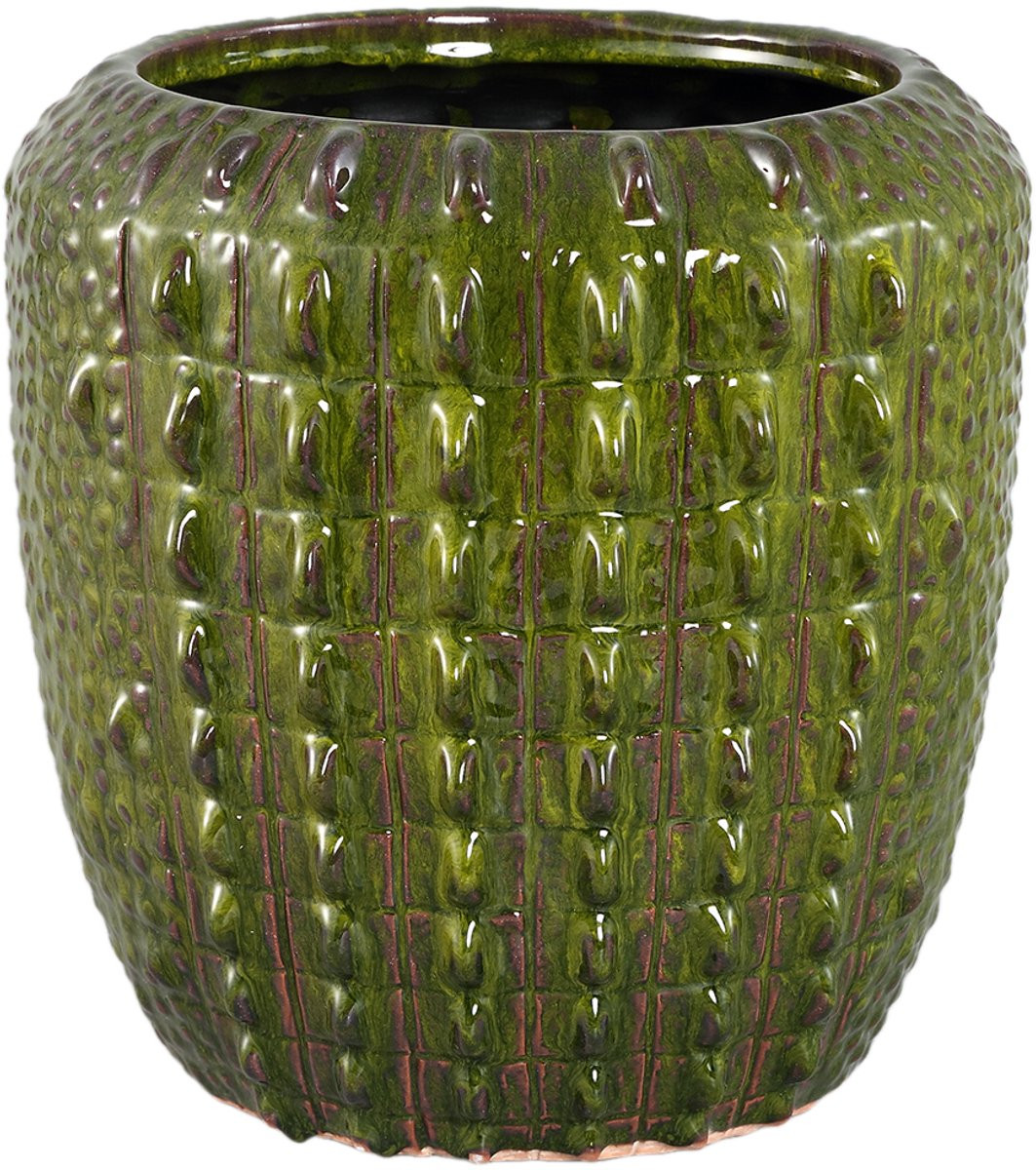 PTMD Crocco ronde keramische bloempot met krokodillenprint, donkergroen