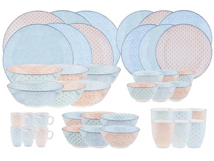 BJORN Geschirrset 6 Personen aus glasierter Porzellan – PATTERN Pastel Kollektion, harmonisch gemixtes Tafelservice für den Alltag