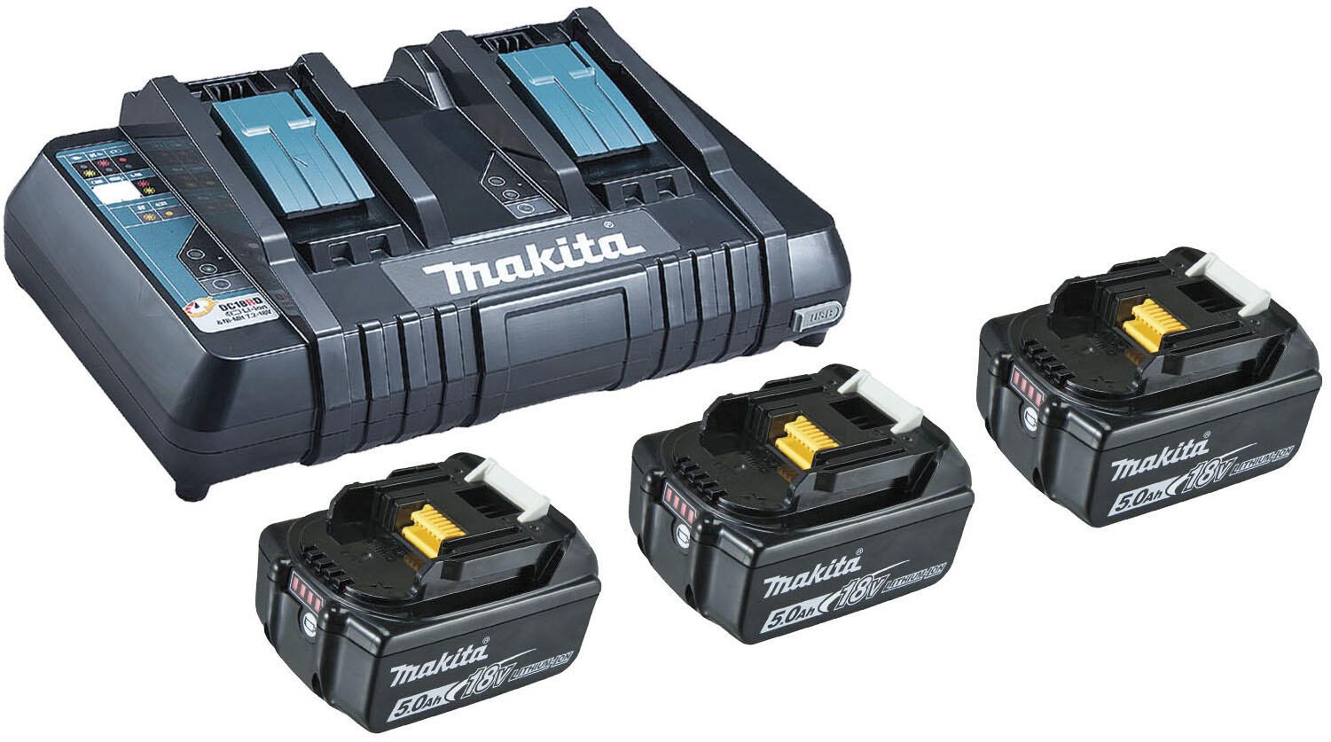 makita Power Source Kit 3x Akku BL1850B 18V 5,0 Ah, Doppel-Schnellladegerät DC18RD 198458-6