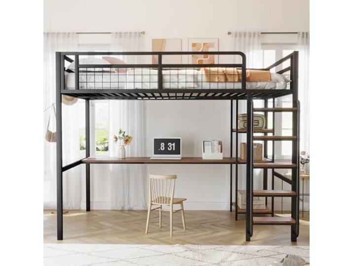 Ball & Cast Metall-Hochbett 140 * 200 cm, Sicherheitsleiter mit Treppe, Kinderbett mit Tisch und Regal, Jugendbett Erwachsenenbett, Metallgitter-Sicherheitszaun, Schwarz