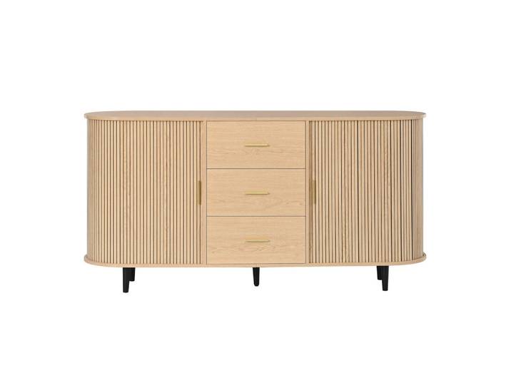 Flieks Sideboard 3 Schubladen Schiebetüren Rillen Design Metallfüße, Naturfarben, 160x80.5x40 cm, Kleinmöbel, Kommoden, Sideboards