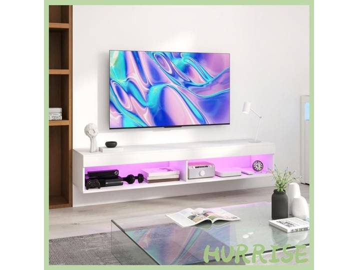 Cocosity Meuble Tv Suspendu Mural Avec Éclairage Led Pour Téléviseurs Jusqu'À 75 Pouces Étagères 180L X 40L X 30H Cm Blanc