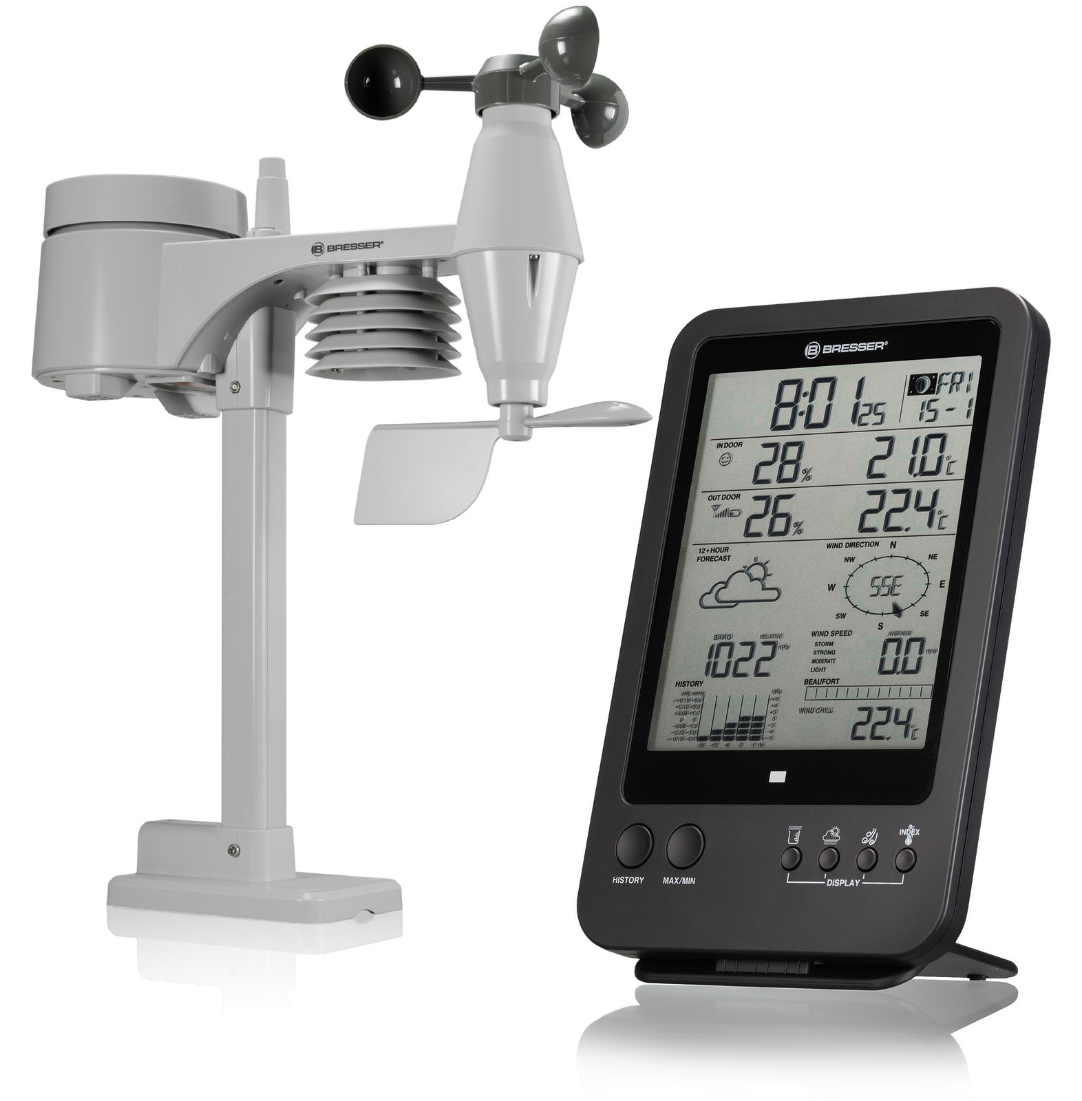 Bresser Optics Anemometer met Binnen- en Buitenvochtigheidssensor en Binnentemperatuurmeter, Zwart