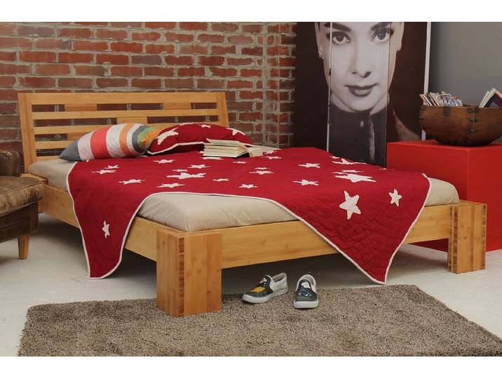 1001 Wohntraum Massivholzbett BURMA Bambusbett mit Rückenlehne MELAKA, Steckbett - Aufbau in 5min, zwei verschiedene Betthöhen wählbar