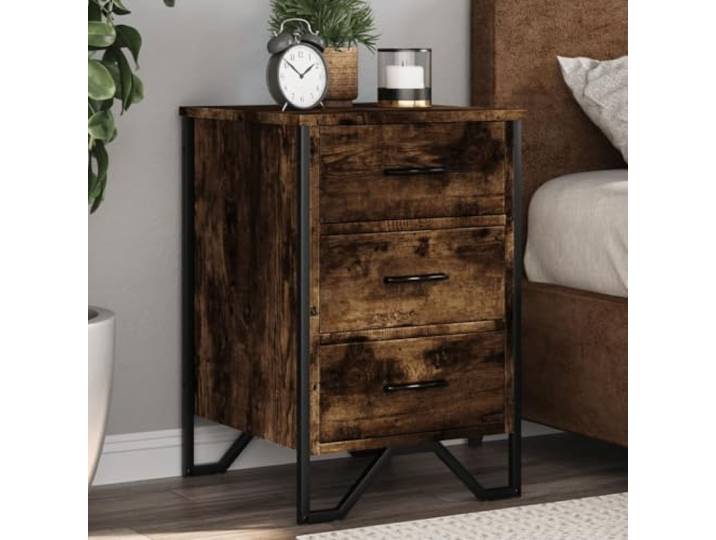 HEFZGDB Nachttisch Räuchereiche 40x41x60 cm Holzwerkstoff mit 3 Schubladen und Metallbeinen für Stauraum und Stabilität, Elegantes Design für Wohnzimmer und Schlafzimmer