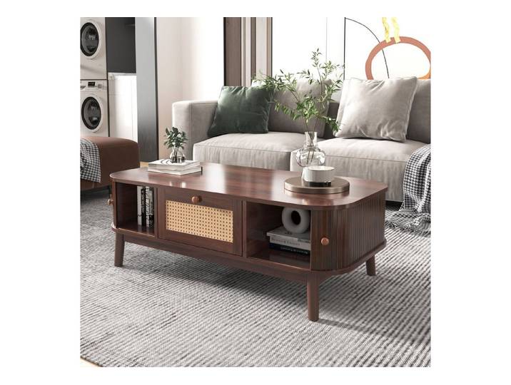 Celya Couchtisch Couchtisch Kaffeetisch, Schubladen mit Rattan und Schiebetüren 110cm