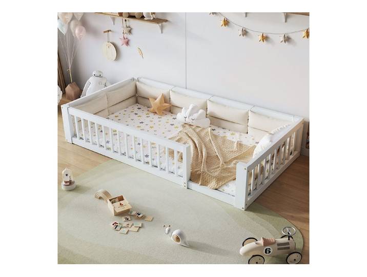 STILVORA Kinderbett 90x200 Plattformbett mit Matratze Kissen am Kopf-&Seitenende Weiß (Jugendbett mit Schutzgitter, Kopf- und Seitenende des Bettes mit Kissen), klare Design und seine elegante Optik