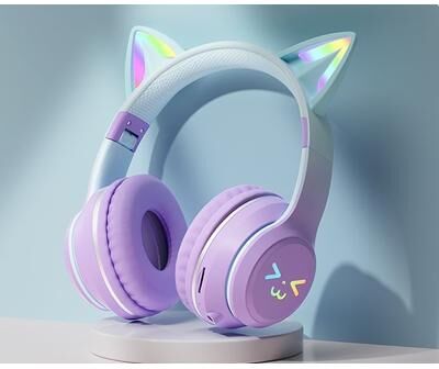 Uplifted Trends Cute Cat Ear LED Bluetooth Headphones For Kids Wireless RGB Earphones With Mic purple