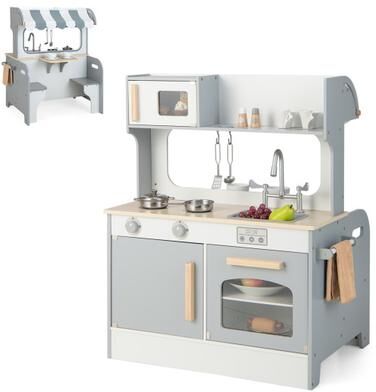 Costway Double Sided Kids Pretend Kitchen Playset with 2-Seat Cafe-Gray