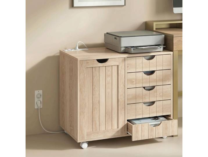 Meuble pour imprimante - Avec station de charge - 5 tiroirs - Roulettes (2 freins) - Étagère réglable