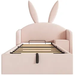 MODFU Kinderbett Samt Rosa 206x149x143 cm, Liegefläche 90x190 cm, mit Stauraum und Nachttisch