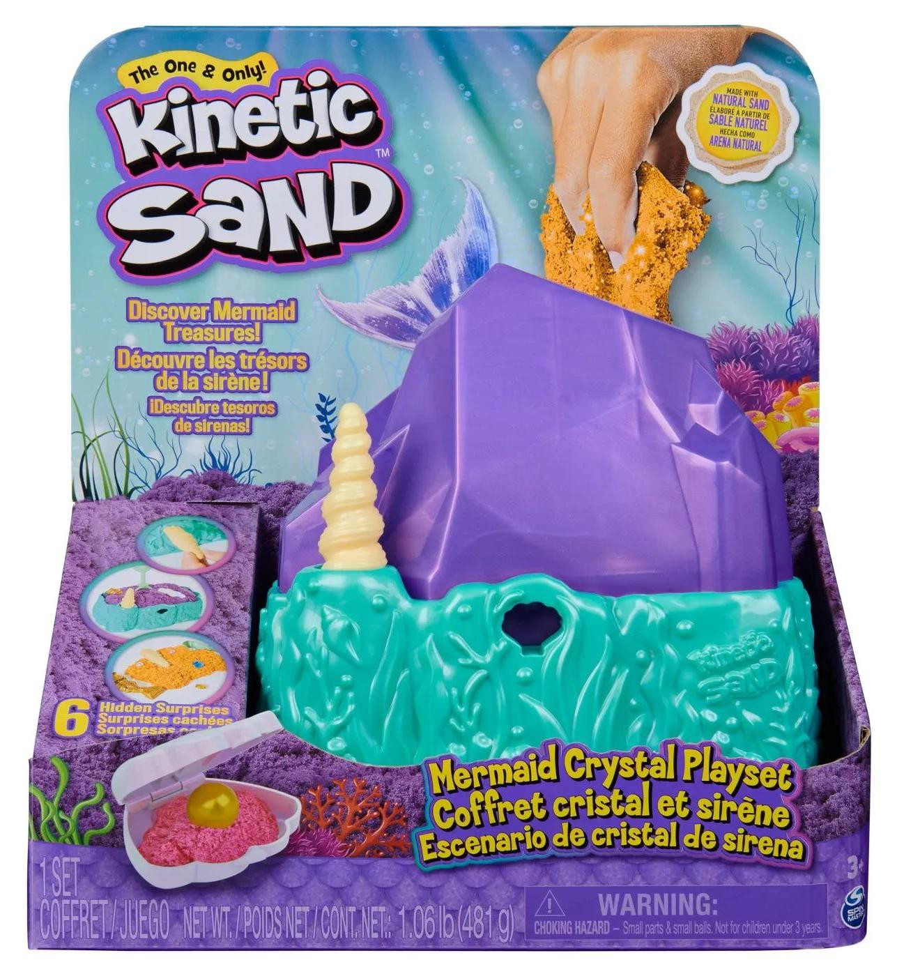 Spin Master Kinetic Sand Kristal Zeemeermin-speelset met 481 g goudkleurig glinsterend speelzand, opbergbak en gereedschap