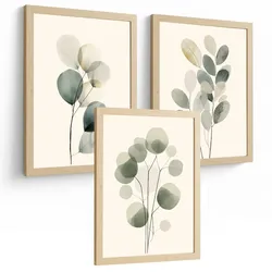 POSTER 3er Bilder-Set Wandbilder Pflanzen Minimalistisch modern Wohnzimmer Deko, Schlafzimmer, Küche, Badezimmer Leichter Holzrahmen A3