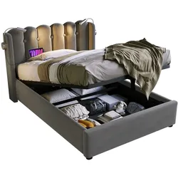 Polsterbett 90x200 mit Leselicht und Ladefunktion – elegantes Design in Grau, Samtbezug und USB-Anschluss