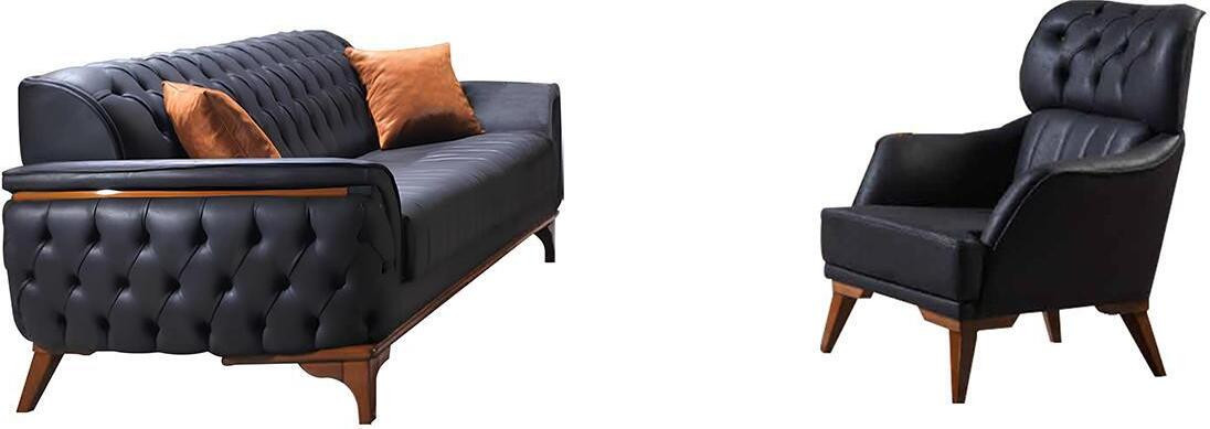 Chesterfield Designer Garnitur Luxus Ledersofa en Fauteuil in het zwart