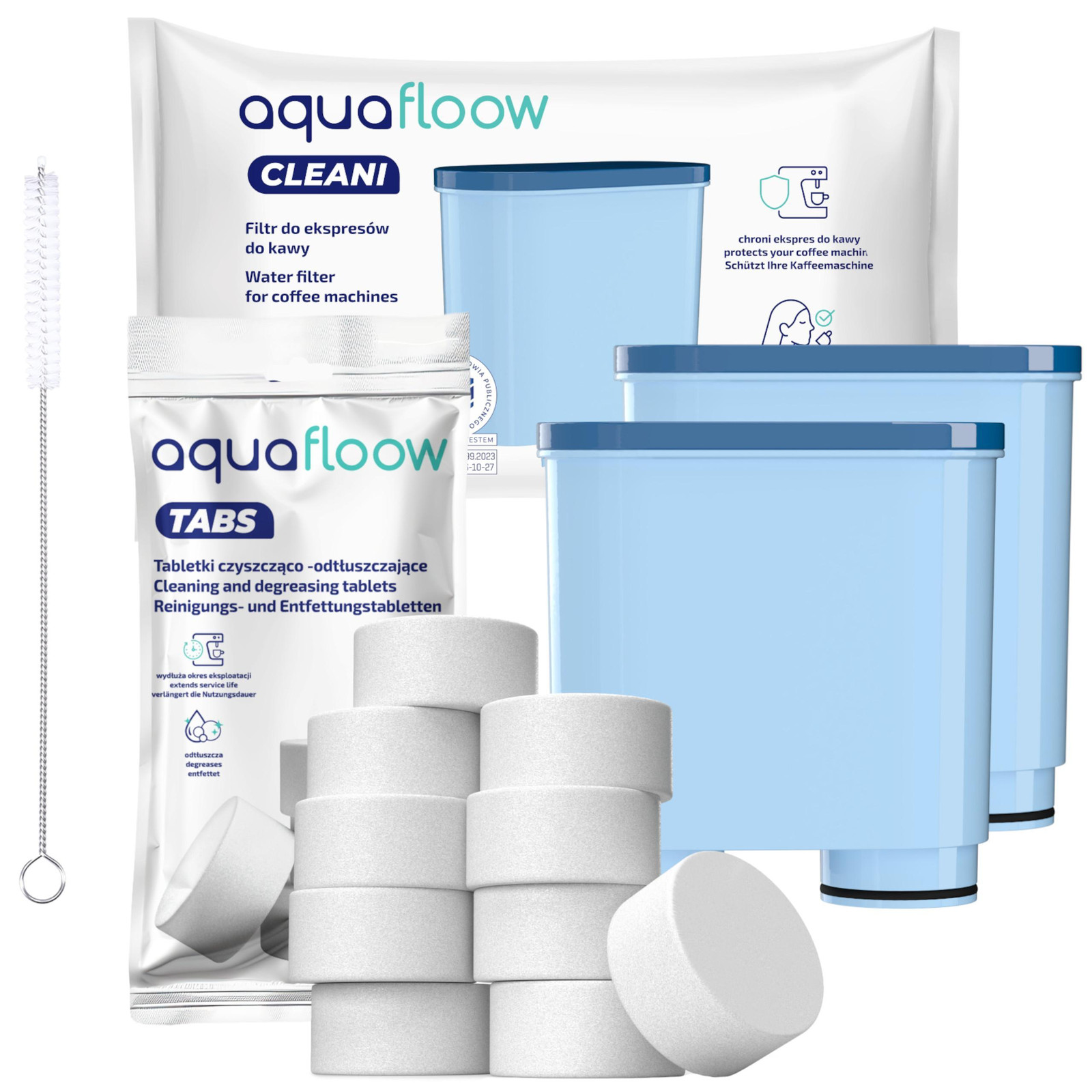 AquaFloow 2x waterfilter voor Philips/Saeco volautomatische koffiemachines inclusief reinigingsborstel en ontkalkingstabletten