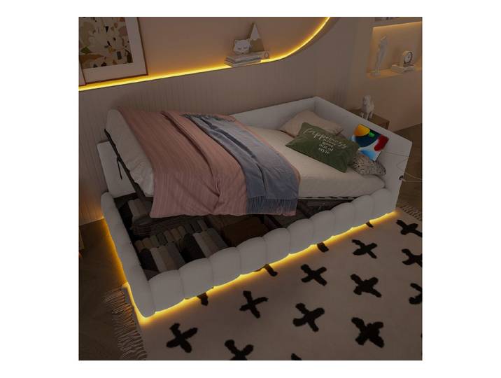 OKWISH Schlafsofa Tagesbett Polsterbett, 90x200 mit LED, USB & hydraulischem Stauraum, Mit Matratze