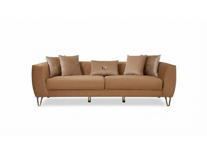 JVmoebel 3-Sitzer Beige Polstercouch mit goldenen Edelstahlfüßen und Kopfkissen, Made in Europa