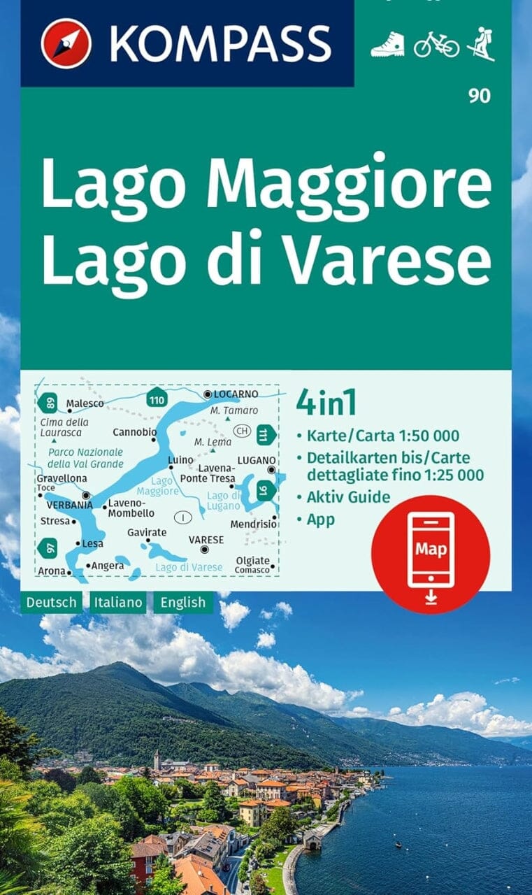 Carte de randonnée n° 90 - Lac Majeur & lac de Varèse   Kompass