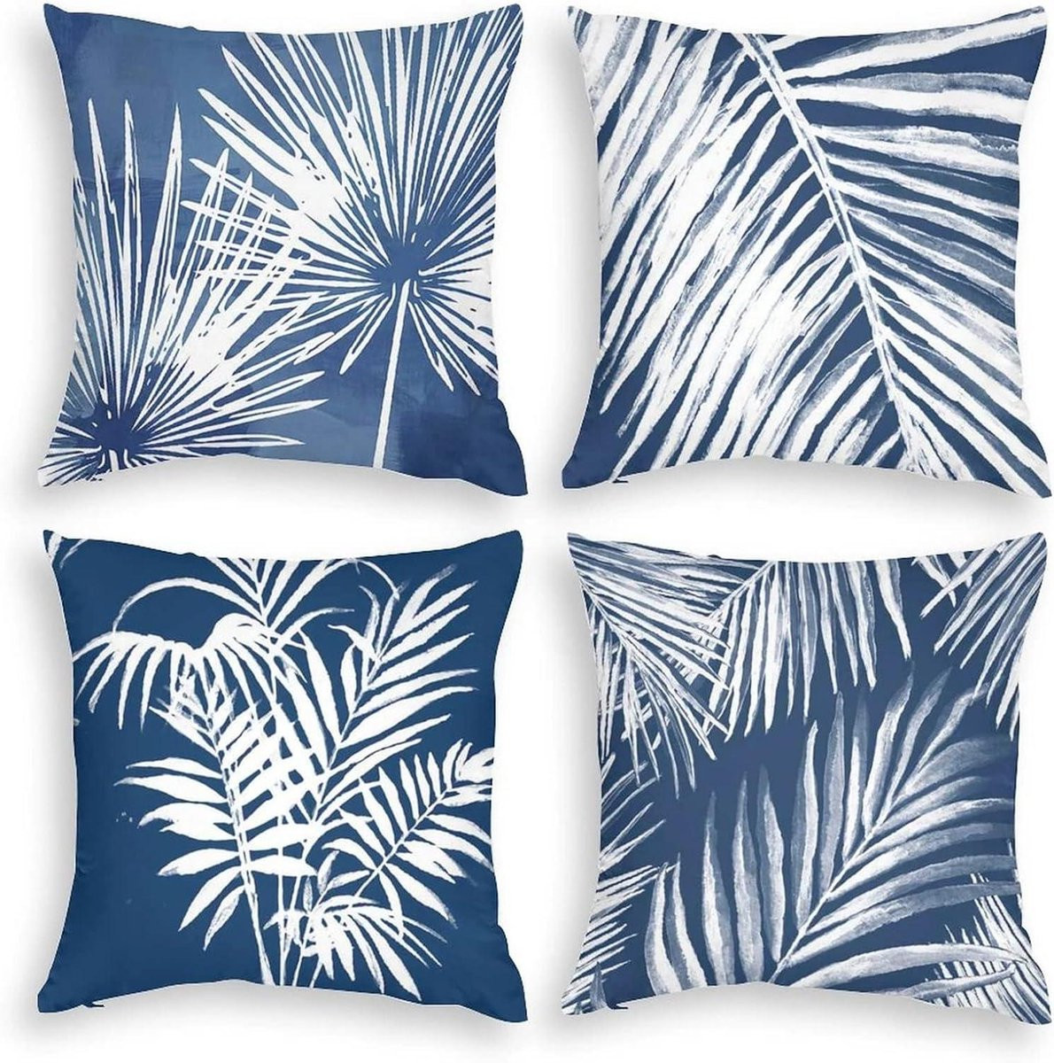 Set van 4 waterafstotende kussenhoezen met blauw palmblad motief