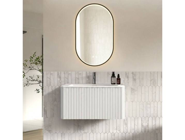 MEULVA Meuble sous vasque suspendu 80 cm blanc avec miroir LED vasque intégrée 1 tiroir prémonté