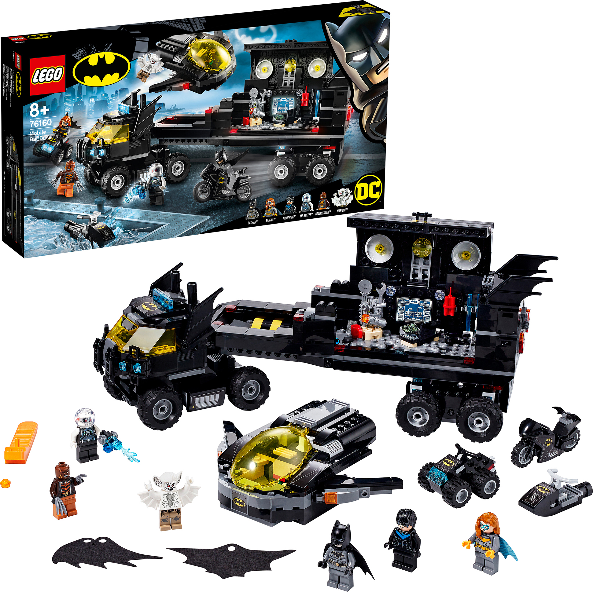 LEGO 76160 Super Heroes DC Batman Mobile Batbasis, Truck Spielzeug mit Batjet, Batquad, Motorrad und Wasserflitzer