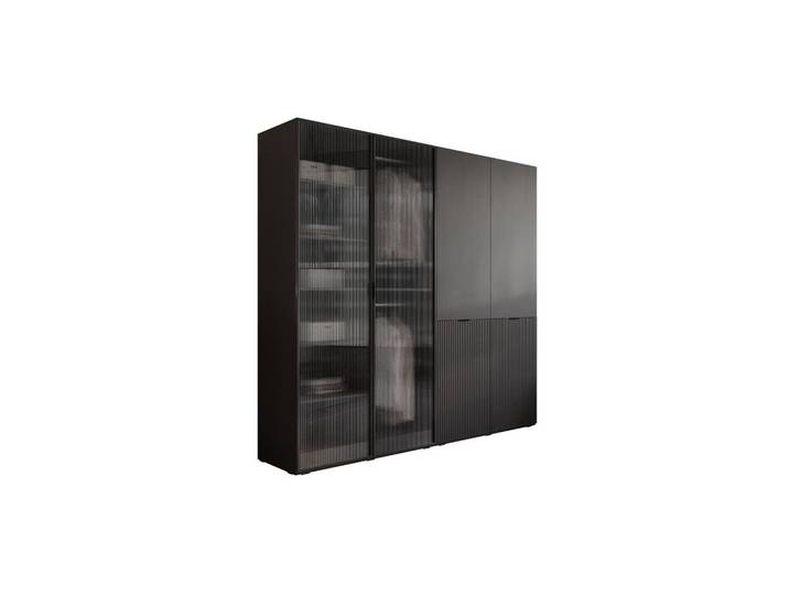 KLEIDERSCHRANK SANDBOX MODERN 200 202/49/200 cm Graphitschwarz / Graphitschwarz + Riffelglas ohne LED ohne Zusatzböden
