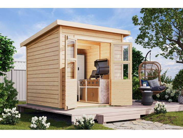 Gartenhaus KONIFERA Akamaru 4 , beige (naturbelassen), Fußboden im Gartenhaus, Dachfolie, Massivholz, Gartenhäuser, Gartenhaus