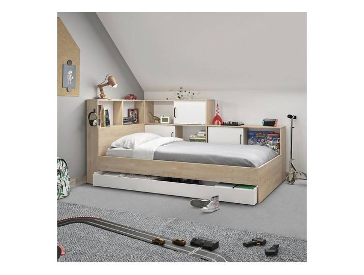 ARMAND Bett mit Stauraum, Schublade, skandinavisches Design, 90 x 200 cm, naturfarben & weiß