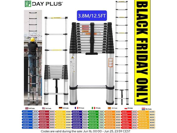 DayPlus-Échelle Télescopique avec Marches Rétractables, Échafaudage Domestique Pliable en Aluminium, Capacité de Charge 150kg (3.8 m/12,5 FT)