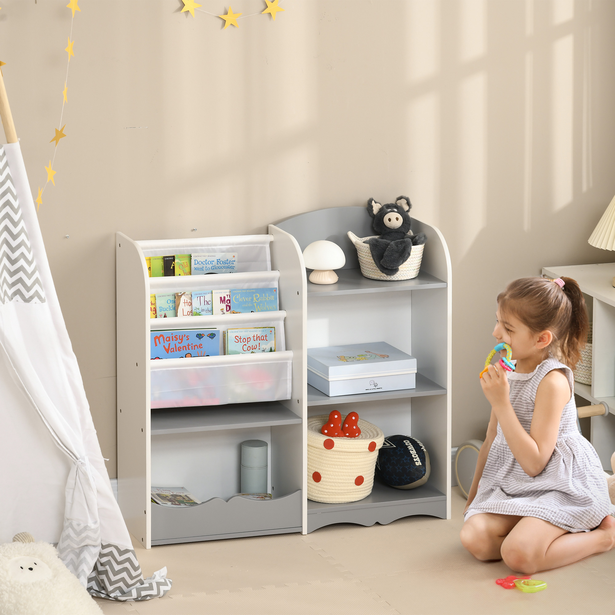 Zonekiz Scaffale Portagiochi per Bambini con Ripiani in Legno, 85x26x84cm, Grigio Aosom