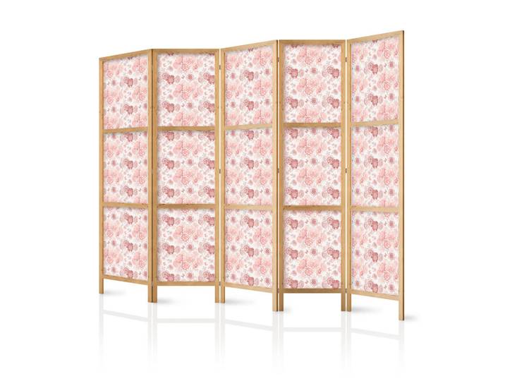 Muralo Paravent Japanischer 5-tlg 225x172 cm Rosa Blumen, Holz, Pinie, Floral, Rechteckig, 225x172x3 cm, Wohnzimmer, Raumteiler, Paravents