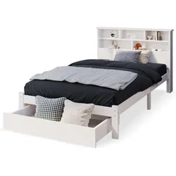 Einzelbett 90x200 cm aus Massivholz mit Schubladen und Bücherregal-Stil – elegante und funktionale Lösung in Weiß