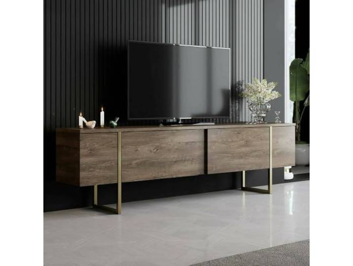 Dmora - Fernsehschrank Centaurus, Ständer für Wohnzimmerfernseher, Niedriges Wohnzimmer-Sideboard, TV-Ständerbasis, 180x30h50 cm, Walnuss und Gold