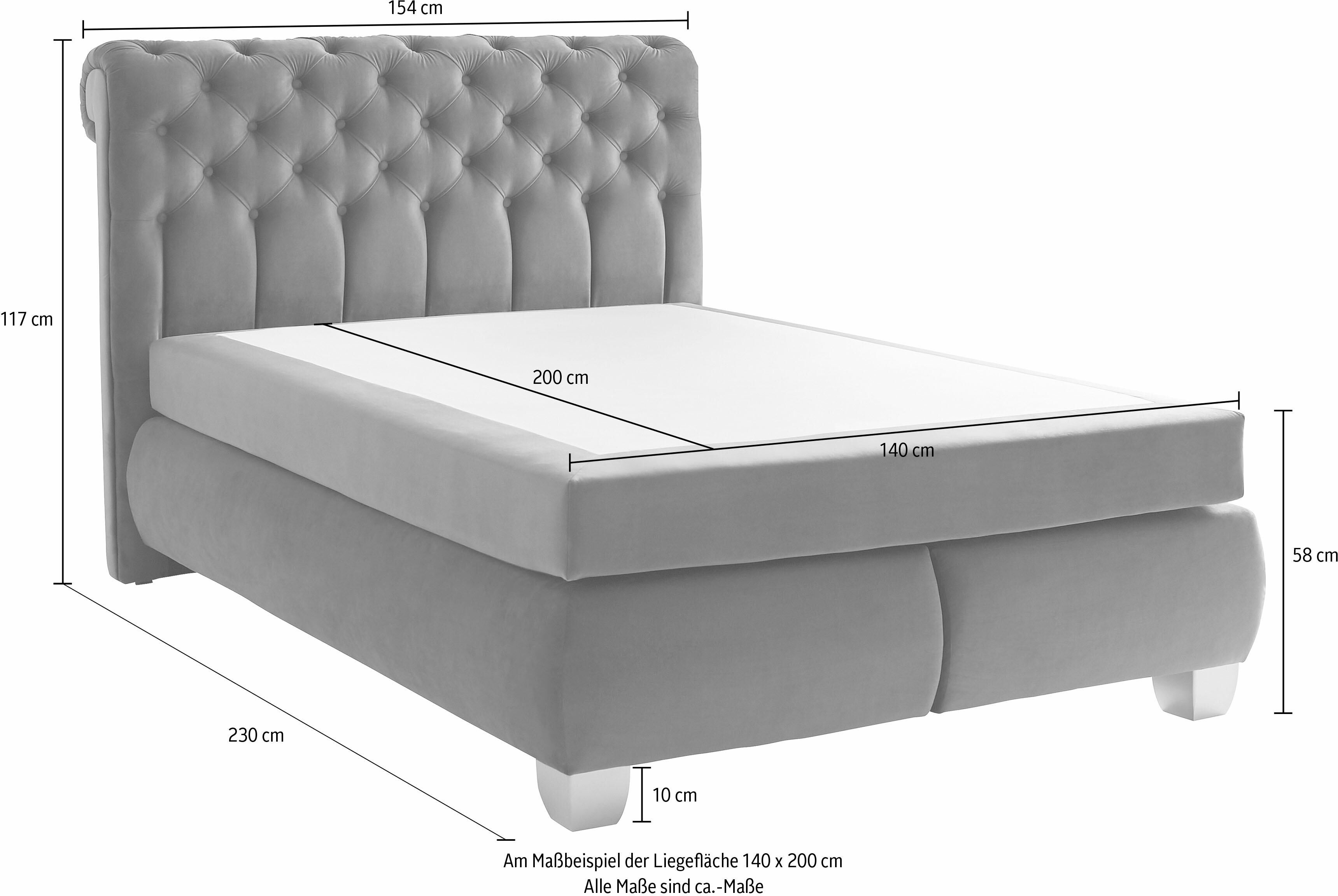 Boxspringbett HAPO, grau (hellgrau), B:154cm L:230cm, Spiegelflächen der Oberseite der Unterfederung und die Ober- und Unterseite der Obermatratze sind jeweils mit einem rutschhemmenden Stoff aus 100% Polyester bespannt.;Kopfteil, seitliche Unterbox und O